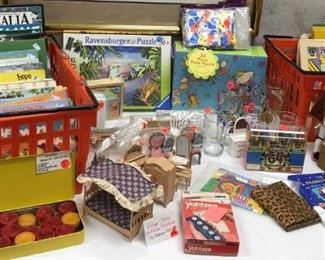 Toys, games, puzzles (child and adult). Vintage and newer. Books for children and adults (fiction, history - Old West and Missouri, social and natural sciences).