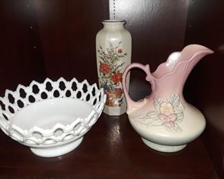 Japan vases, decor,varoius milk glass and porcelain pitchers vases, bowls etc. 