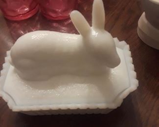 Rabbit milk glass covered dish. 