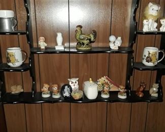 Various decor, owls etc, display shelf for the love of knickknacks 