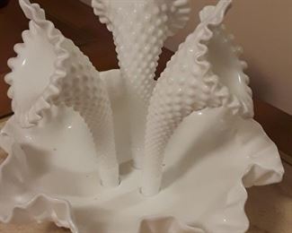 Fenton Empergne Ruffled Vase. Hobnail Milk Glass 3 & Trumpets.  Never seen one quite like this ! 
