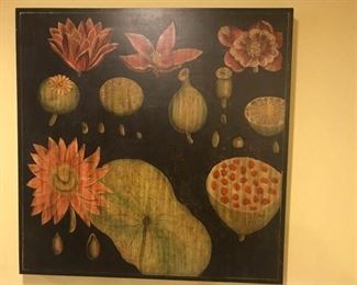Fruit and Floral Painting on Wood Surface