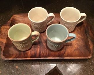 Handcrafted Wood Tray and Four Hand Painted Casa Stone Mugs