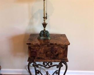 Marble and Wrought Iron Side Table and Lamp