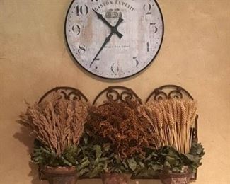 Rustic Wall Clock, Bonjour Hooks, and Dried Flowers