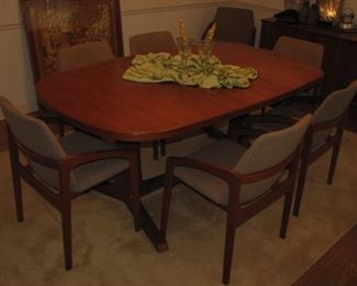 Danish MCM chairs, MCM dining table with leaf and custom table pads