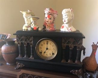 antique clock, head vases