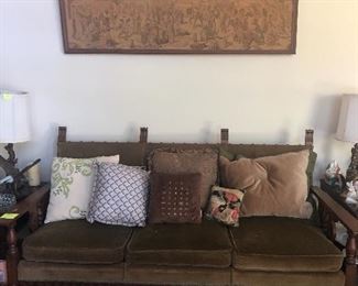 retro wood and velvet sofa