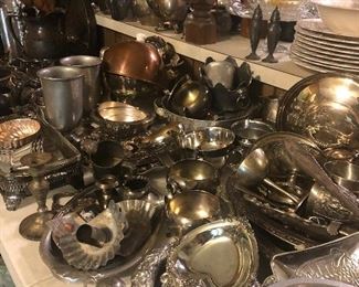 large amount of serving pieces, silver plate items and cake pans