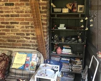 bookshelves, wicker end table