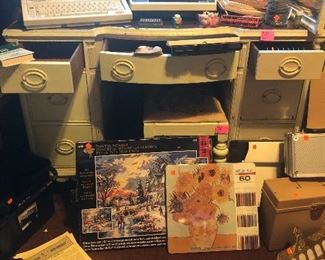 vintage desk, art supplies and paints