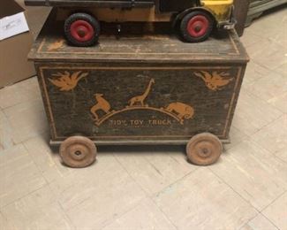  ANTIQUE TOY CHEST AND TOY WOODEN TRUCK