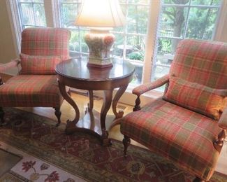 Baker Living Room French Cigar Chairs & Round Accent Table (Lamp not for sale)