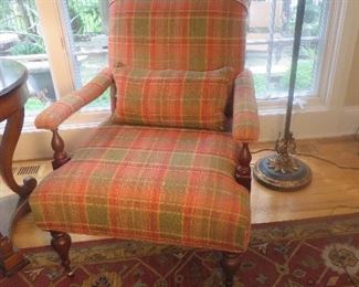 Baker Living Room French Cigar Chair
Open Arm Chair with Tight Rolled Back & Seat Aged European Brown Finish Baker Furniture Milling Road 38" H x 30" W x 36" D