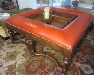 Very Unique! Square Leather Ottoman Cocktail Table with inlayed Trays and Nail Head Trim.