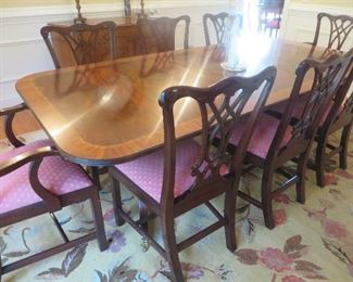 Henkel Harris Chippendale Mahogany Dining Table & 8 Chairs
Table 29.5" H x 46" W x 75" Long (Two 22" w/ Leaves)
