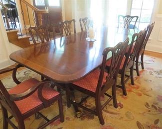 Henkel Harris Chippendale Mahogany Dining Table & 8 Chairs
Table 29.5" H x 46" W x 75" Long (Two 22" w/ Leaves)