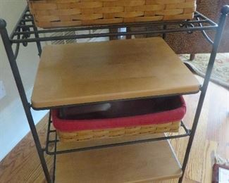 LONGABERGER WROUGHT IRON 4 SHELF STAND WITH 2 MAPLE SHELVES & 2 BASKETS