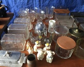 Vintage butter dishes, spooners and salt boxes