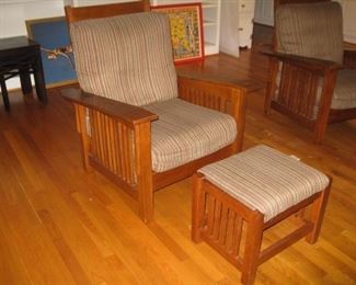 Pair of Morris chairs and stools. 