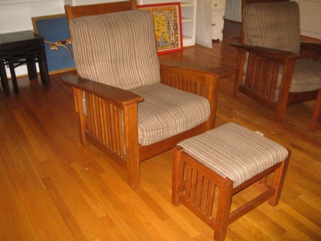 Pair of Morris chairs and stools. 
