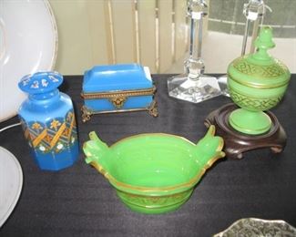 Opaline dresser jar, sauce boat, covered round box, blue casket, Val St. Lambert candlesticks