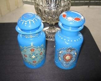 Pair of Czechoslovakian blue opaline jars