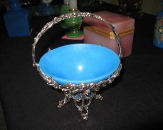 Blue opaline bowl in silver plate (with English marks) basket