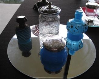 French blue opaline perfume bottle w/hand painted lid, Kirk & Sons jar with sterling lid and spoon, blue opaline jar with sterling flakes, blue opaline jar with sterling lid