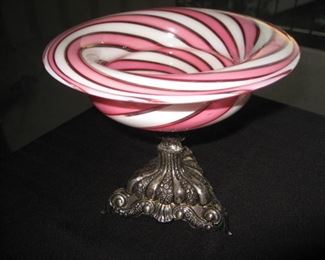 Victorian candy dish, sterling base and cranberry swirl