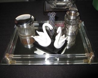 Victorian glass swans on base match holder, Clear jar with sterling top, Sterling perfume or tonic jar American c. 1900's