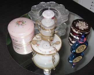 white opaline Victorian box, Lalique dish, ruby flashed round box, small blue perfume bottle, Victorian what not