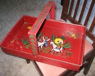 Vintage red metal tole tray with handle