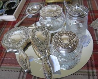 sterling vanity set-brush and mirror, B&co. vanity jar with sterling lid, Tiffany jar with sterling lid, repeat of Kirk and Sons jar with sterling lid and spoon