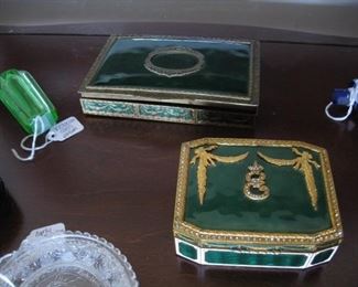 green glass perfume bottle, brass enamel boxes