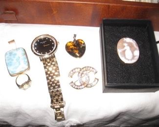 Kate Spade watch, Chanel pin, shell cameo pin