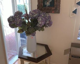 Side table, Flowers in Vase, Painting on silk in frame