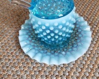 Blue opalescent Fenton hobnail condiment server