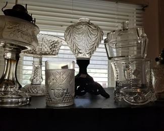 Assortment of early American pattern glass including an Admiral Dewey Tumbler