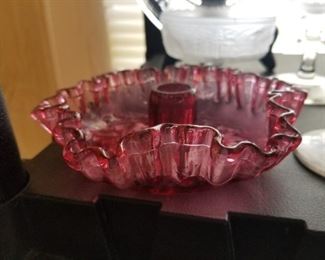 Cranberry ruffled blown glass candle holder