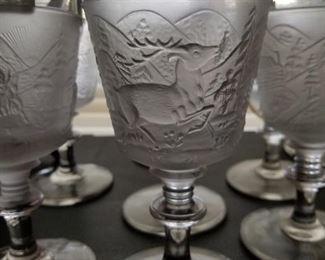 Set a rare early American pattern glass running deer goblets