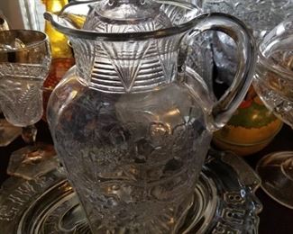Early American pattern glass pitcher with lid