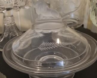 Early American pattern glass lion covered dish