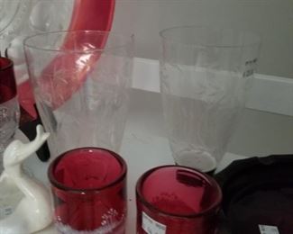 Mary Gregory style cranberry tumblers