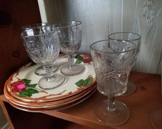 Selection of early American pattern glass goblets and Apple by Franciscan and dinnerware