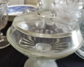 Early American pattern glass three face covered compote. One of many pieces