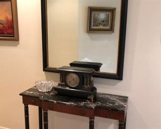 Wonderful collection of Italian Empire style furniture in ebonized mahogany with gilt accents and Nero Portovo marble tops