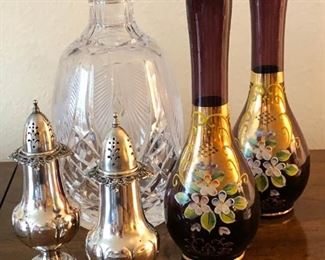 Waterford crystal decanter, Bohemian glass vases and Wallace Grand Baroque sterling silver salt/pepper set