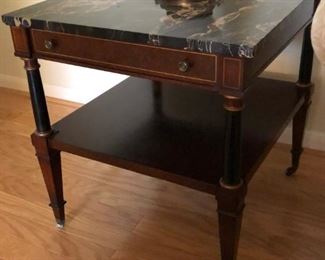 Pair of Italian Empire style mahogany side tables with Nero Portovo marble tops