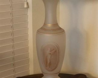 Vintage frosted glass vase, gilt decorated with neoclassical motifs mounted as lamp